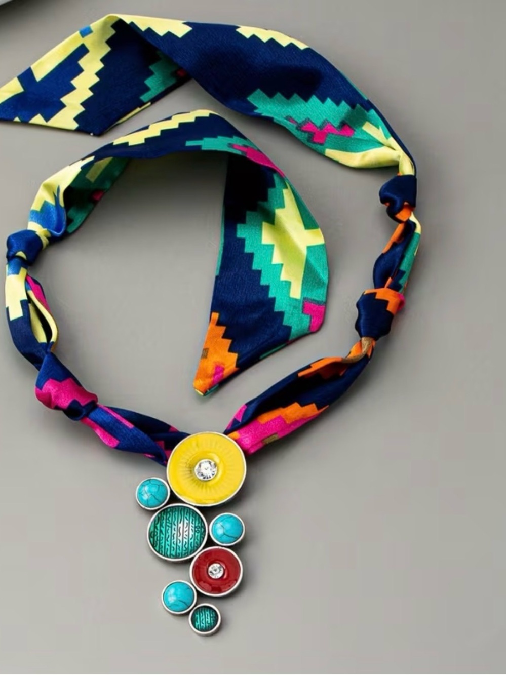 Colorful Geometric Silk Scarf Necklace with Multicolor Pendant with Circles